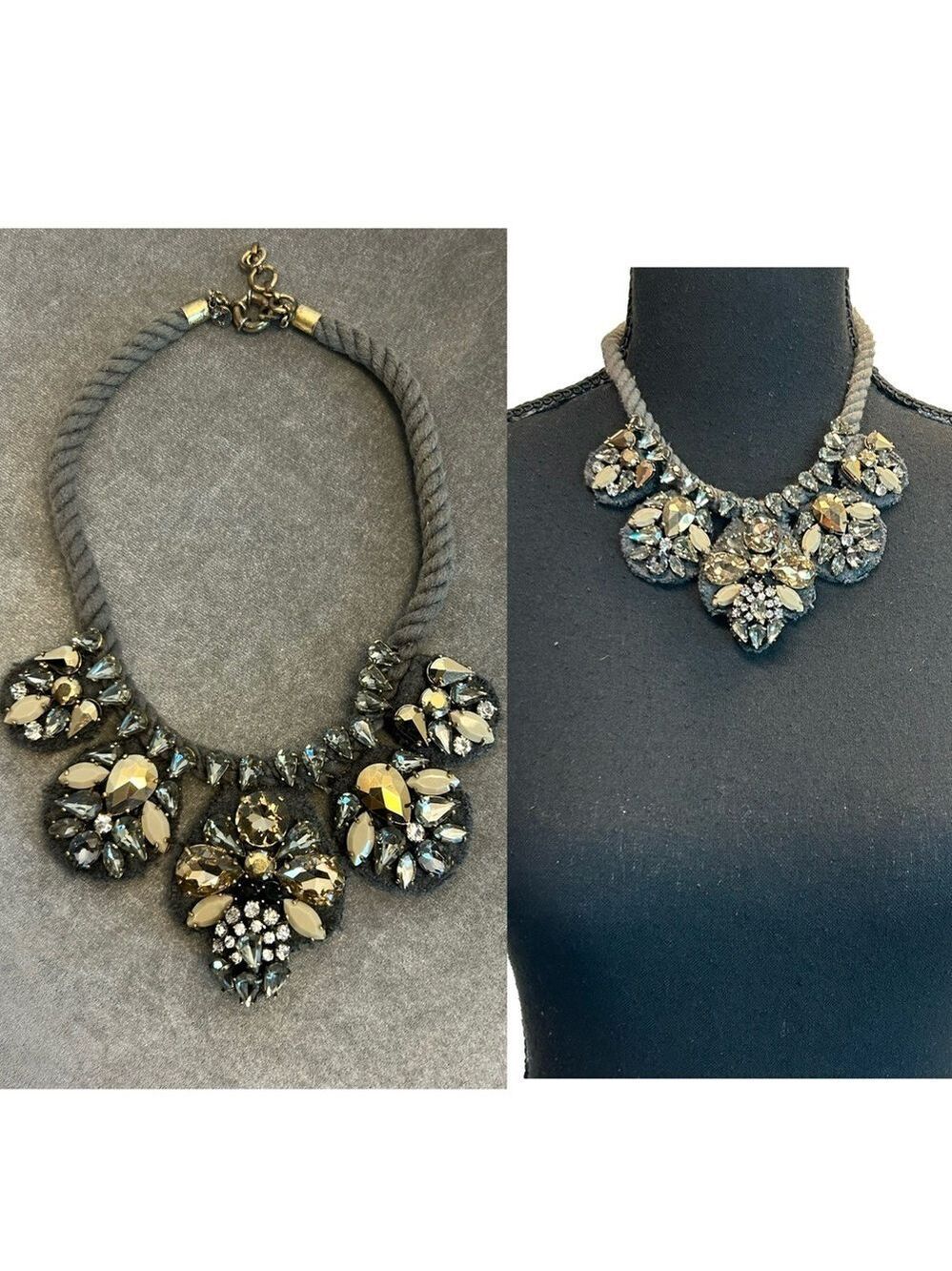 J.Crew Faceted Rhinestone Crystal Rope Bib Statement Necklace Amber gray silver